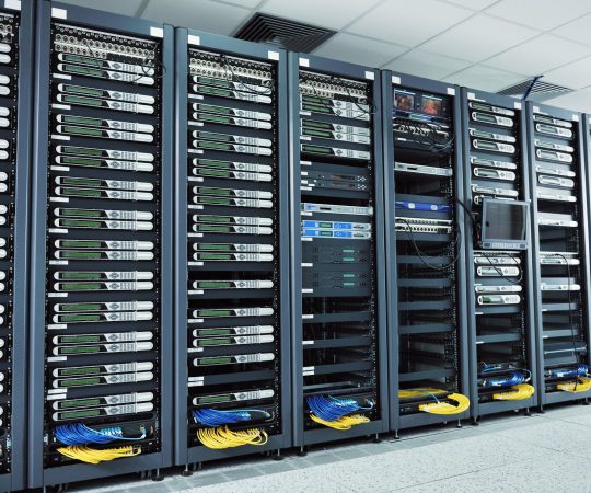 network server room with computers for digital tv ip communications and internet